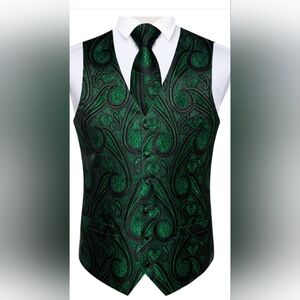 DIBANGU Men's Size Large Green Paisley Vest and Tie